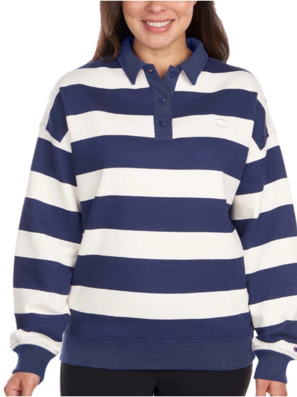 Champion Navy and White Striped Rugby Polo Sweatshirt
